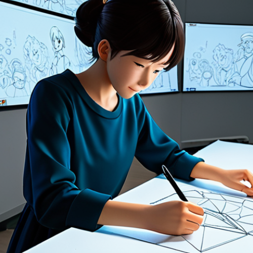 Home 11 A professional animation studio environment, showcasing a seamless blend of artistic techniques. On one side, a skilled animator in modest, professional attire is meticulously hand-sketching character designs on a light table, surrounded by classic animation tools and colorful cels. On the other side, a modern digital artist, also in appropriate dress, works on a high-tech display tablet, creating crisp, vibrant digital anime visuals. The background features subtle, abstract representations of timeless animated characters. This scene highlights the evolution of anime. High-resolution, cinematic lighting, detailed textures, well-formed hands, natural pose, perfect anatomy, correct proportions, fully clothed, safe for work, appropriate content, professional, family-friendly.