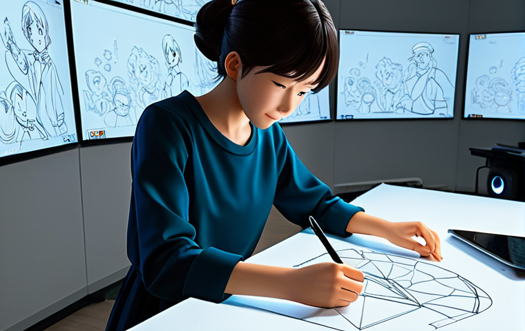 A professional animation studio environment, showcasing a seamless blend of artistic techniques. On one side, a skilled animator in modest, professional attire is meticulously hand-sketching character designs on a light table, surrounded by classic animation tools and colorful cels. On the other side, a modern digital artist, also in appropriate dress, works on a high-tech display tablet, creating crisp, vibrant digital anime visuals. The background features subtle, abstract representations of timeless animated characters. This scene highlights the evolution of anime. High-resolution, cinematic lighting, detailed textures, well-formed hands, natural pose, perfect anatomy, correct proportions, fully clothed, safe for work, appropriate content, professional, family-friendly.
