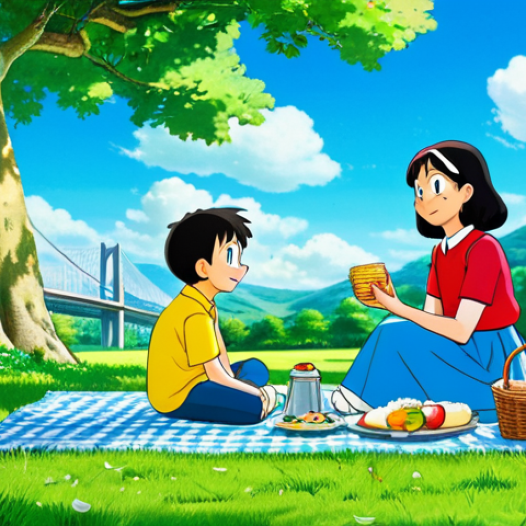 도라에몽 시리즈 연대기 - **Prompt:** Doraemon, Nobita, and Shizuka enjoying a picnic in a lush, green park under a clear blue...