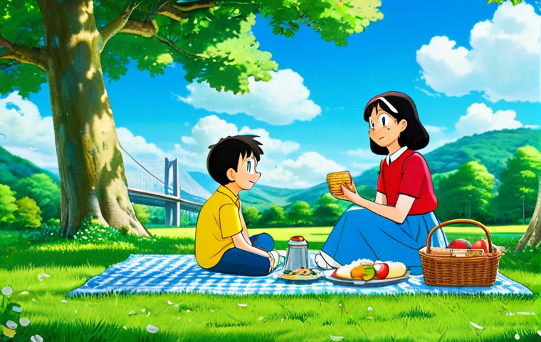 도라에몽 시리즈 연대기 - **Prompt:** Doraemon, Nobita, and Shizuka enjoying a picnic in a lush, green park under a clear blue...
