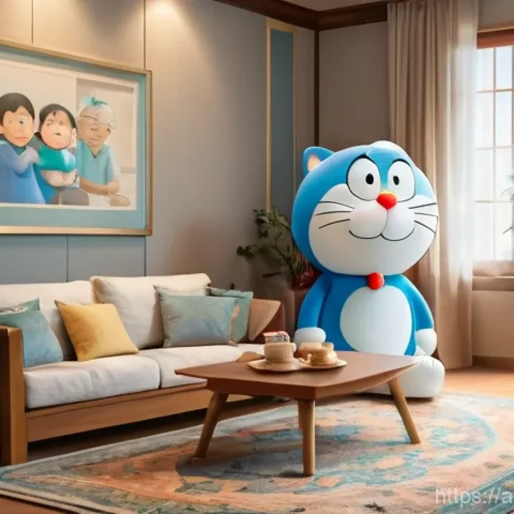 도라에몽 팬덤 활동 - A cozy, brightly lit living room with warm, inviting decor. An elderly person, perhaps a grandmother...