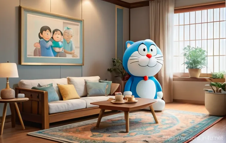도라에몽 팬덤 활동 - A cozy, brightly lit living room with warm, inviting decor. An elderly person, perhaps a grandmother...