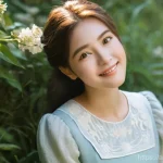 시즈카의 매력 포인트 - **Prompt:** A serene and approachable young woman, akin to Shizuka, with a gentle, genuine smile, si...