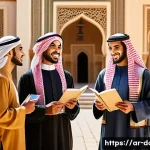 도라에몽의 사회적 메시지 - A vibrant scene depicting a diverse group of young Arab friends in traditional and modern attire, ga...