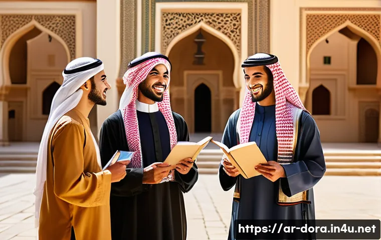 도라에몽의 사회적 메시지 - A vibrant scene depicting a diverse group of young Arab friends in traditional and modern attire, ga...
