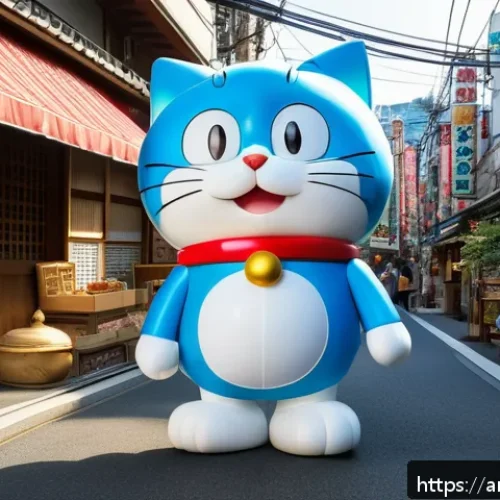 도라에몽의 글로벌 인기 - A vibrant scene showing Doraemon, the iconic blue robotic cat wearing his classic red collar and bel...