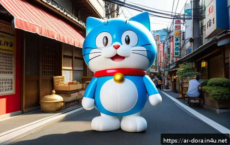 도라에몽의 글로벌 인기 - A vibrant scene showing Doraemon, the iconic blue robotic cat wearing his classic red collar and bel...