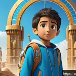 도라에몽과 SF 문학의 공통점 - A vibrant and imaginative scene featuring a young Arab boy wearing traditional casual clothes and a ...