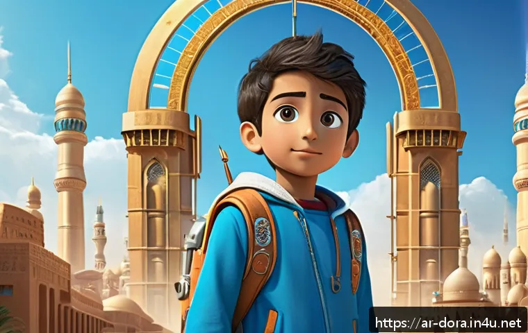 도라에몽과 SF 문학의 공통점 - A vibrant and imaginative scene featuring a young Arab boy wearing traditional casual clothes and a ...